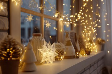Fototapeta premium Interior decorated for Christmas with golden fairy lights and festive ornaments