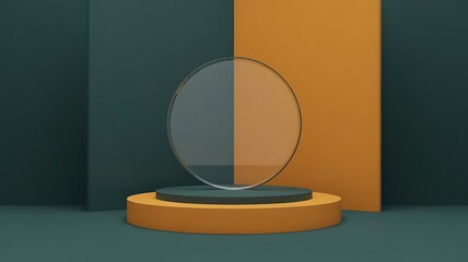 Modern 3D Rendered Glass Sphere on Orange and Green Podium Display
