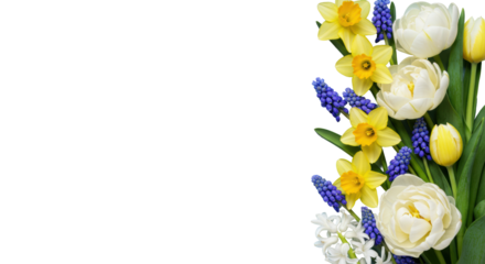 Fresh tulips, daffodils, muscari, hyacinths flat lay, vertical border on soft pastel blue with copy space, natural light, concept of spring freshness and joy