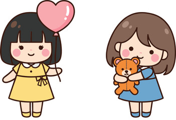 Cute Girl Character Vector Illustration Collection with Balloon and Teddy Bear Toy