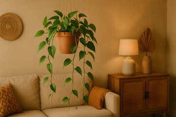 Boho Living Room with Pothos