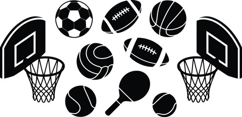 Monochrome silhouettes of popular sports equipment like balls rackets and basketball hoops on white