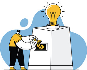 Person Starting Innovation Machine, Business Concept, Indoor, Side View