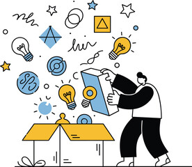 Person Unpacking Ideas, Creative Inspiration, Indoor Scene, Flat Design