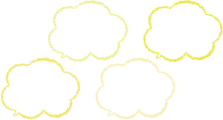 微妙に色が異なる黄色のクレヨンで描いた、雲の形の吹き出しセット。手描き風。