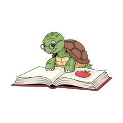 A charming illustration of a turtle deeply engrossed in reading a book