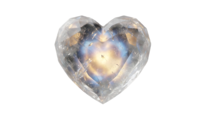 Transparent crystal heart with rainbow colors and inclusions isolated on a transparent background