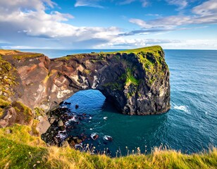 Dramatic coastal archway, Iceland.  Rocky, dark cliffs meet a turquoise sea.  Small grassy islet on top of the arch.  Partly cloudy sky.  Ocean waves lap at the base