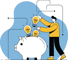 Man Saving Ideas in Piggy Bank, Business Innovation, Flat Design