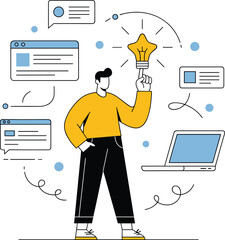 Vector Illustration of Creative Idea Concept with Person, Laptop, Modern Workspace