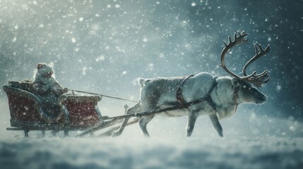Reindeer pulling Santaa??s sleigh as he delivers Christmas gifts