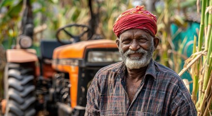 indian farmer holding a sugarcane and smiling