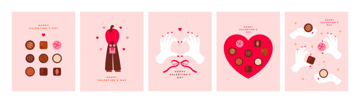バレンタイン向けチョコレートやハートモチーフのカード風レイアウトイラストセット｜ベクター