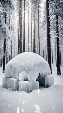Igloo in snowy forest with falling snow and sunlight in tranquil winter nature motion scene. Seamless looping time-lapse animation video background