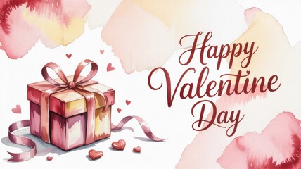 Beautiful Watercolor Valentine's Day Gift Illustration with Pink Ribbon and Hearts .