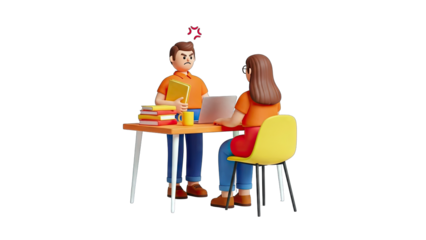 Angry Man Confronts Woman at Desk with Laptop - 3D Illustration