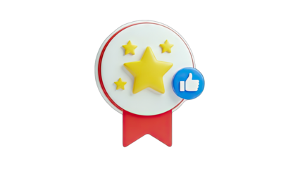 Award Badge with Stars and Thumbs Up Icon on White Background