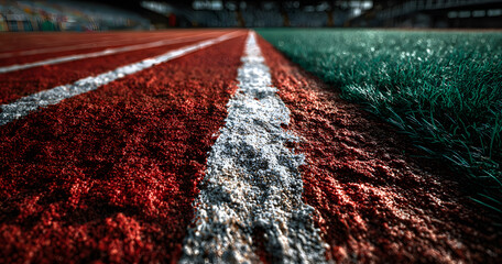 Top view of red running track lanes with white markings bordered by green field surface, suitable for athletics themes, sports design materials, fitness visuals and training-related concepts.