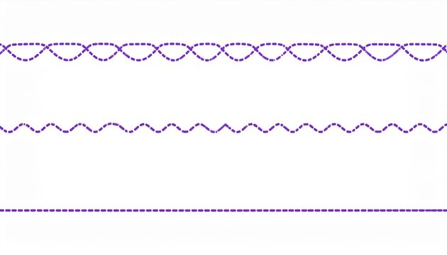 Set of purple dashed lines, sewing stitches, and decorative borders on white background, perfect for crafts, design, and textile projects.