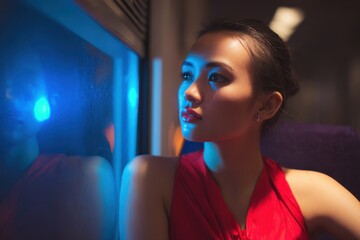 beautiful asian woman in a red dress sitting on a train