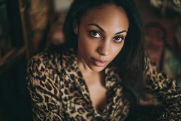 african american woman wearing a leopard print blouse