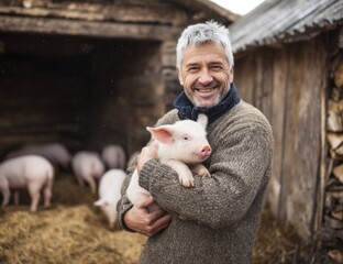 male farmer holding a piglet in a farm