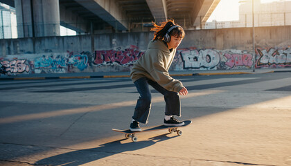 Obraz premium Teenager Listening To Music With Headphones While Skateboarding, Teenager, Music, Skateboard, Urban, Lifestyle, Youth, Cool, Headphones, Motion, Dynamic