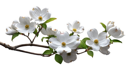 Obraz premium White dogwood flowers on a branch with green leaves isolated on a transparent background white petals