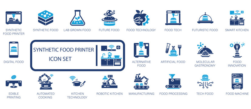 Synthetic food printer icon set featuring 3D food printing, future food technology, molecular gastronomy, and robotic kitchen symbols. Modern blue flat design.