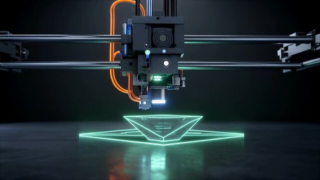 Advanced 3D Printing Technology Fabricating Luminous Digital Structure with Neon Glow.