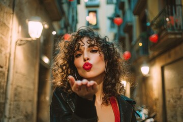 happy young woman with curly hair blowing a kiss