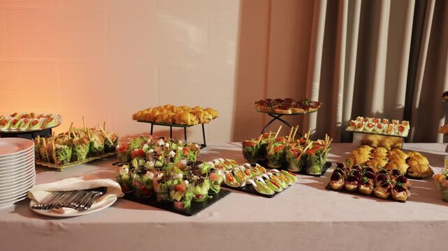 Catering buffet table with assorted appetizers and finger food at event