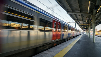 Tracking Shot Of Commuter Train Speeding Past Platform, Railway Transit, Station Blur, Public Transport, Motion Speed