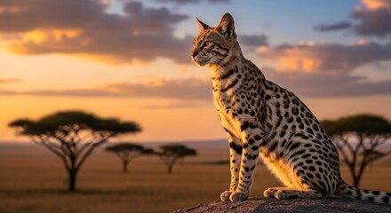 Serval Cat Gazing at the African Sunset - A Majestic Portrait.