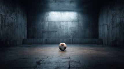 A soccer ball sits alone in a dark and empty concrete room, illuminated by a single light above, creating a sense of isolation and anticipation of the game.