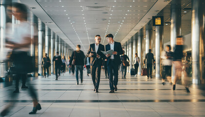 Two Businessmen Discussing Documents While Walking Through A Busy Airport Terminal, Business Travel, Travel, Discussion, Airport, Busy, Corporate, Mobile, Professional, Motion Blur, Cinematic