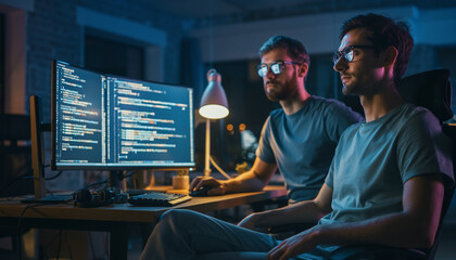 Two Developers Looking At A Computer Monitor With Code Reflecting On Their Glasses, Late Night Office Setting, Neon Blue And Orange Lighting