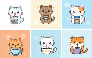 Cute Kawaii Cat and Hamster Characters Holding Coffee and Tea Cups in Pastel Cartoon Vector Style