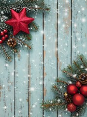 Rustic Christmas Background with Fir Branches, Red Ornaments and Falling Snow