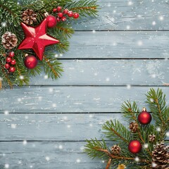 Rustic Christmas Background with Fir Branches, Red Ornaments and Falling Snow