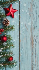 Rustic Christmas Background with Fir Branches, Red Ornaments and Falling Snow