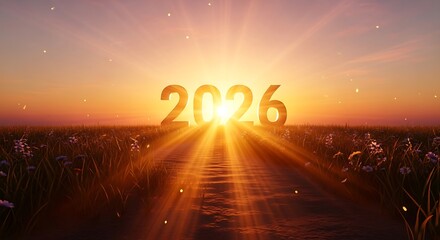 New year 2026 concept with beautiful sunset over the field