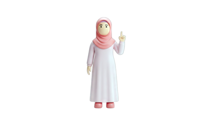 3D Muslim Woman Pointing Up on White Background