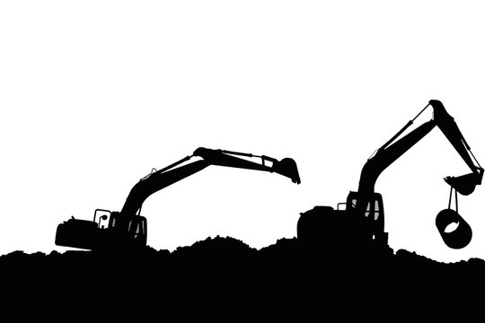 Crawler excavators silhouette are digging the soil in the construction site ,With bucket lift up on the white background