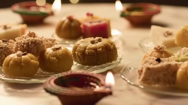 Indian sweets and Diwali lights.