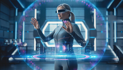 Woman Wearing Smart Glasses Interacting With A Holographic Interface, Augmented Reality, Ar, Technology, Future, Interface, Hologram, Smart Glasses, Interaction, Sci-fi, Sleek