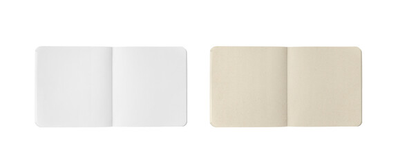 Overhead shots of square notebook pages: one made of white paper, the other of kraft paper