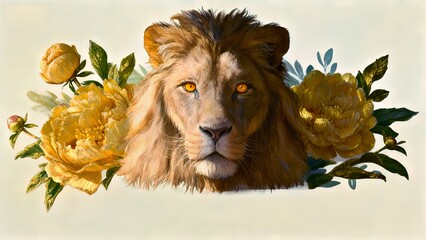Golden Mane Majesty: Lion Portrait with Peony Floral Wreath