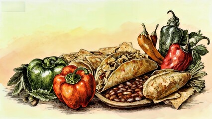 Vibrant Vegetable & Taco Feast: Colorful Fresh Produce Art Illustration