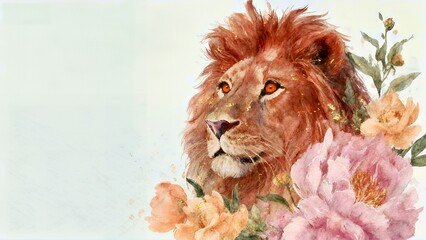 Golden Mane Majesty: Lion with Floral Accents Watercolor Art